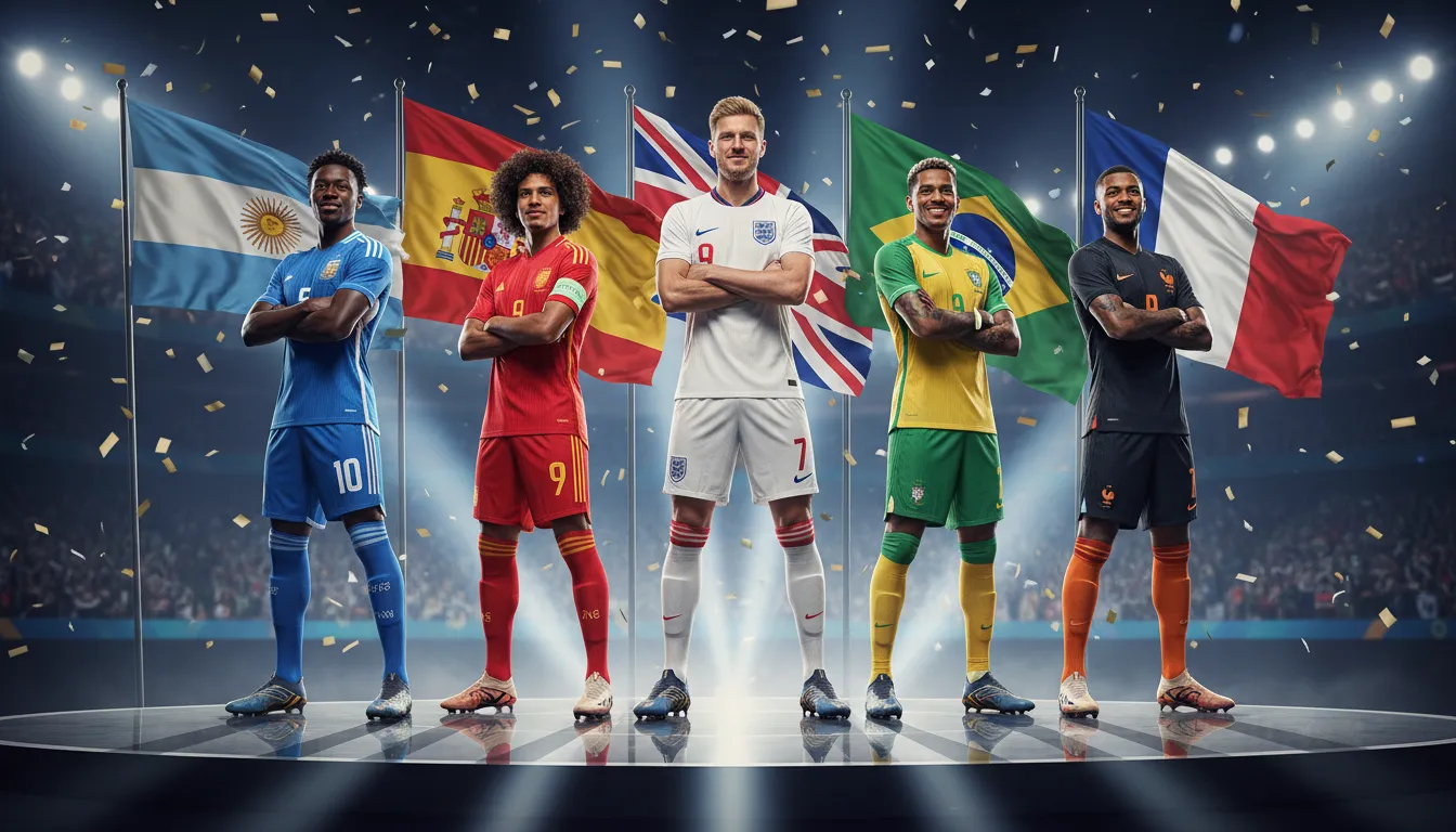 Aspirantes a melhor jogador copa 2026 de diversas seleções posando juntos em um palco iluminado, emanando confiança e talento.