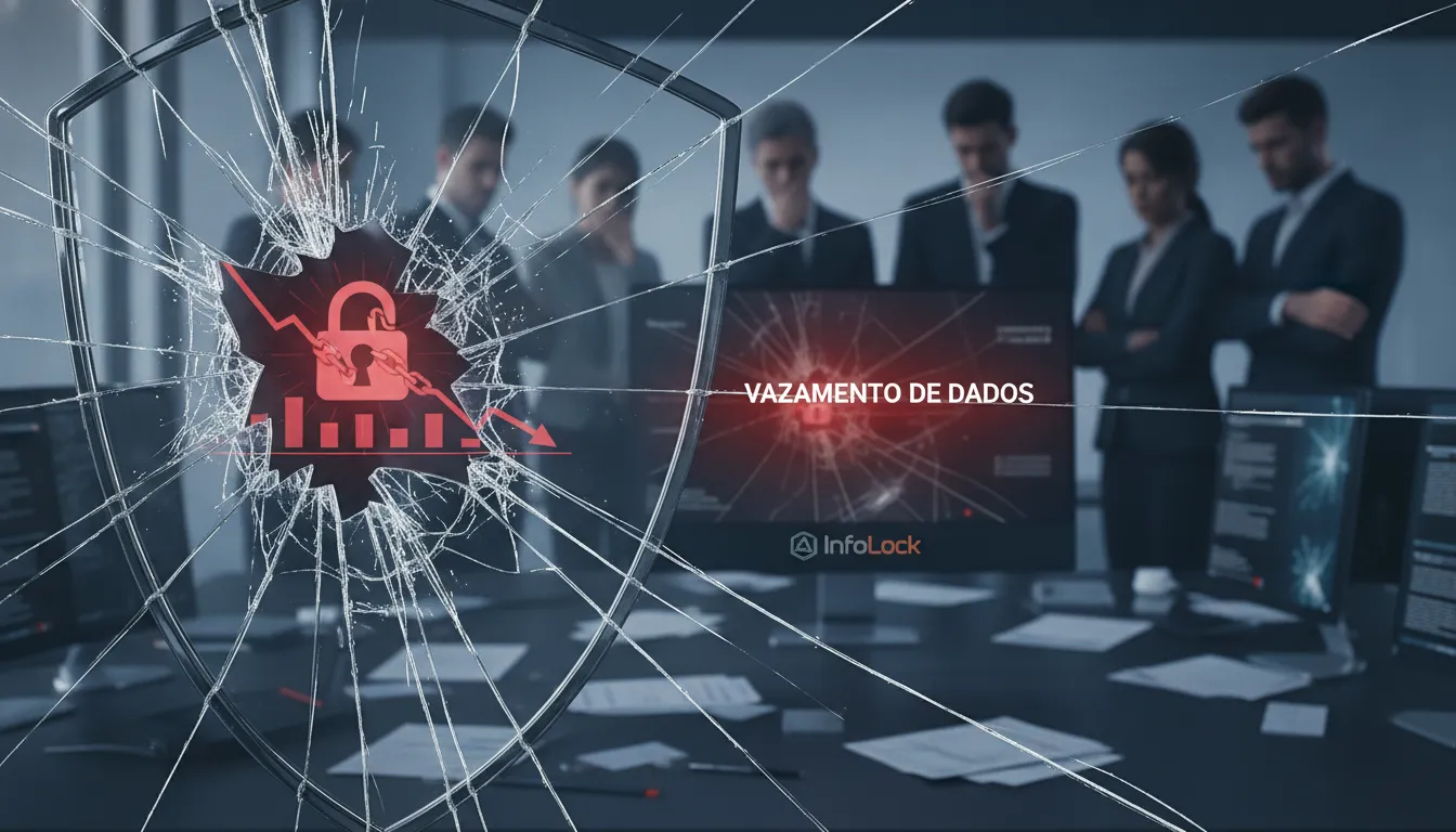 Vidro quebrado metaforizando a perda de confiança e dados, resultado de um conflito de interesses não gerenciado, alertando para sérios riscos.