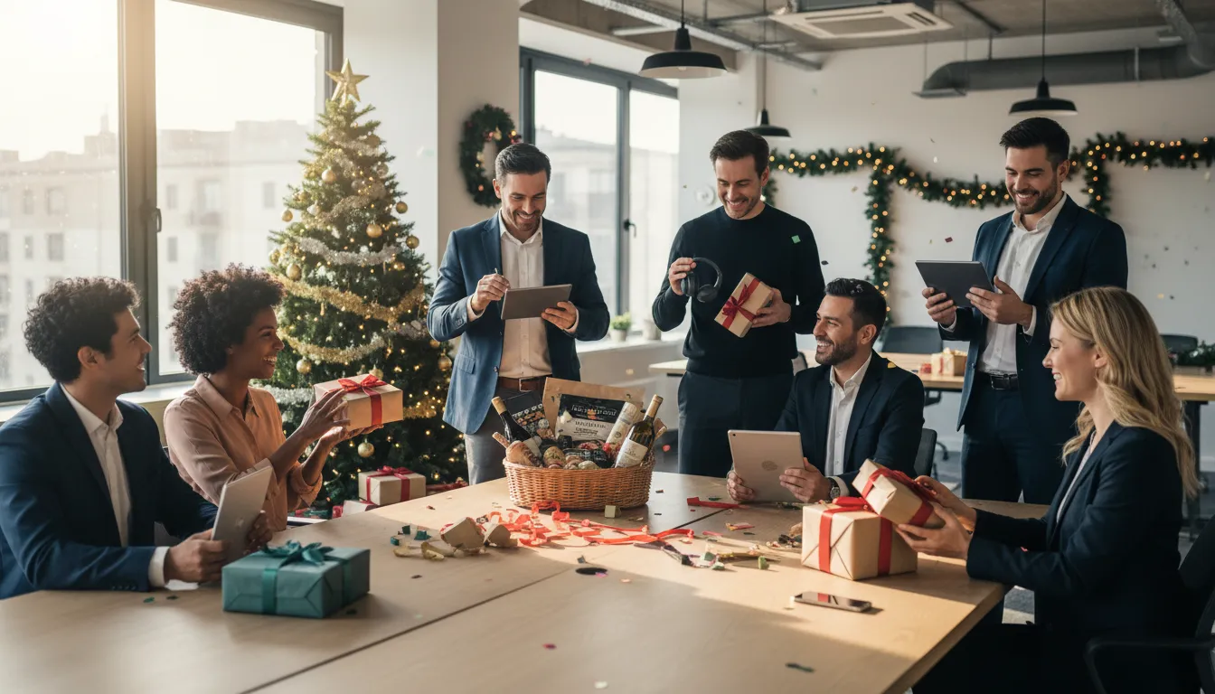 Colaboradores trocando brindes de Natal criativos: cestas gourmet e gadgets em ambiente de escritório moderno e decorado.
