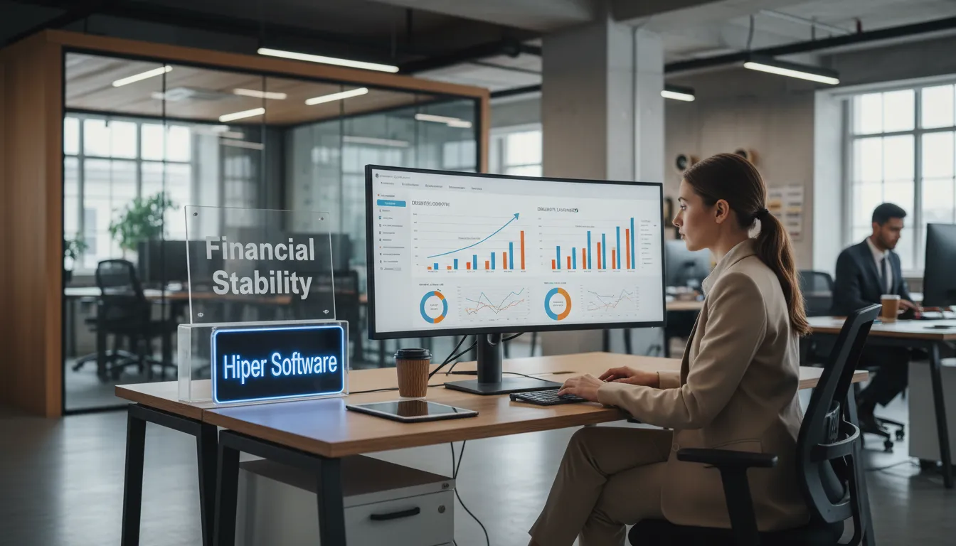Empresário analisando relatórios financeiros em um computador, simbolizando a estabilidade financeira proporcionada pelos direitos do consumidor e pelo Hiper Software.