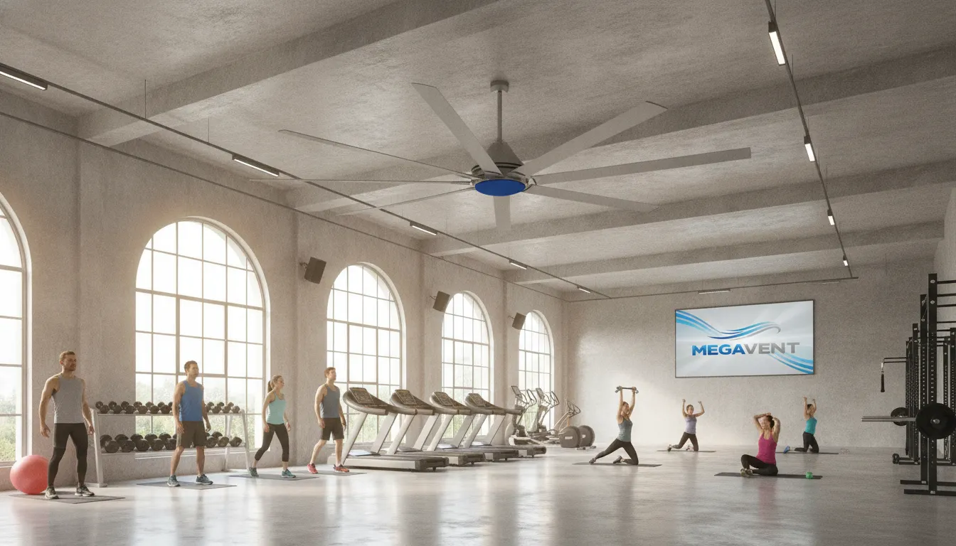 Ventilador de teto industrial MegaVent em ambiente comercial, integrando estética e conforto, com pessoas desfrutando.