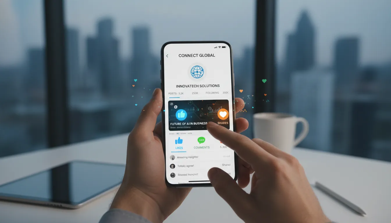 Mãos usando smartphone interagem com perfil empresarial, mostrando engajamento em rede social digital.