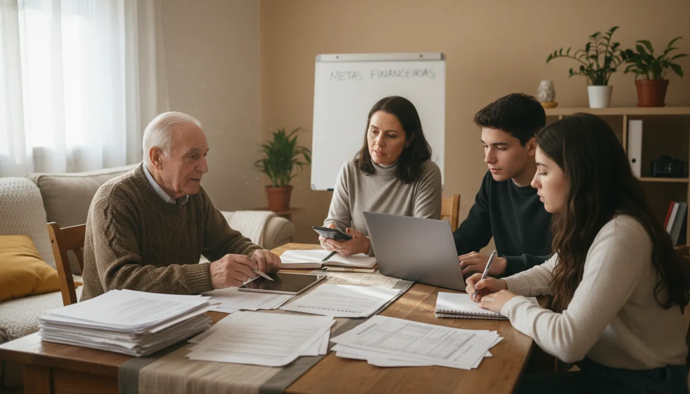 Aposentado e família organizando orçamento com informações do décimo terceiro salário