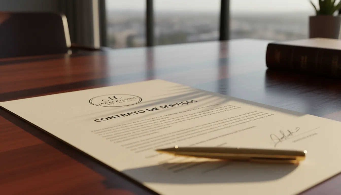 Detalhe de um contrato de prestação de serviços assinado, com o logo da Marquesini Advocacia. Imagem que remete à formalização e segurança jurídica.