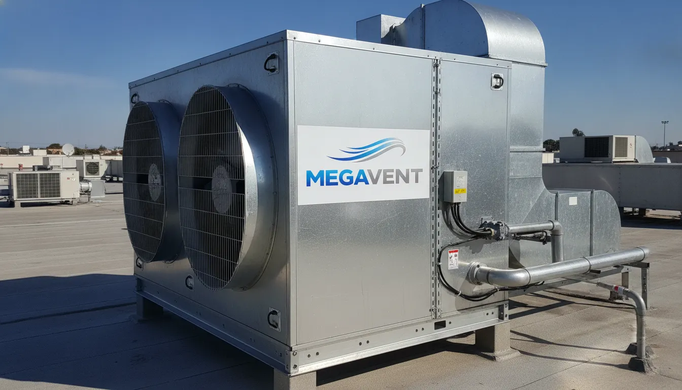 Unidade de ventilação industrial MegaVent em telhado de supermercado, mostrando tecnologia e robustez do equipamento.