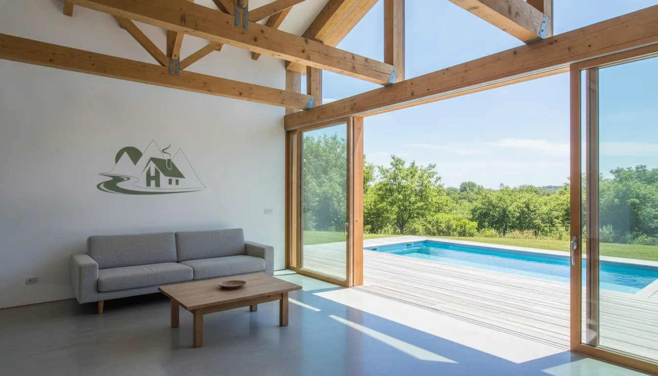 Interior de casa de campo com vista para piscina e paisagem natural. Integração perfeita com a natureza.