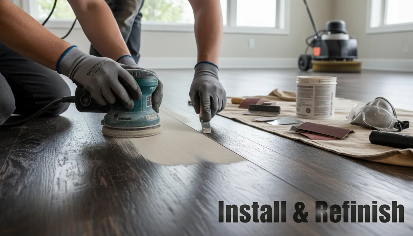 Detailed view of hardwood floor refinishing, emphasizing quality. Contact JRS Flooring Blog, the best flooring contractors near me, for expert service and care.