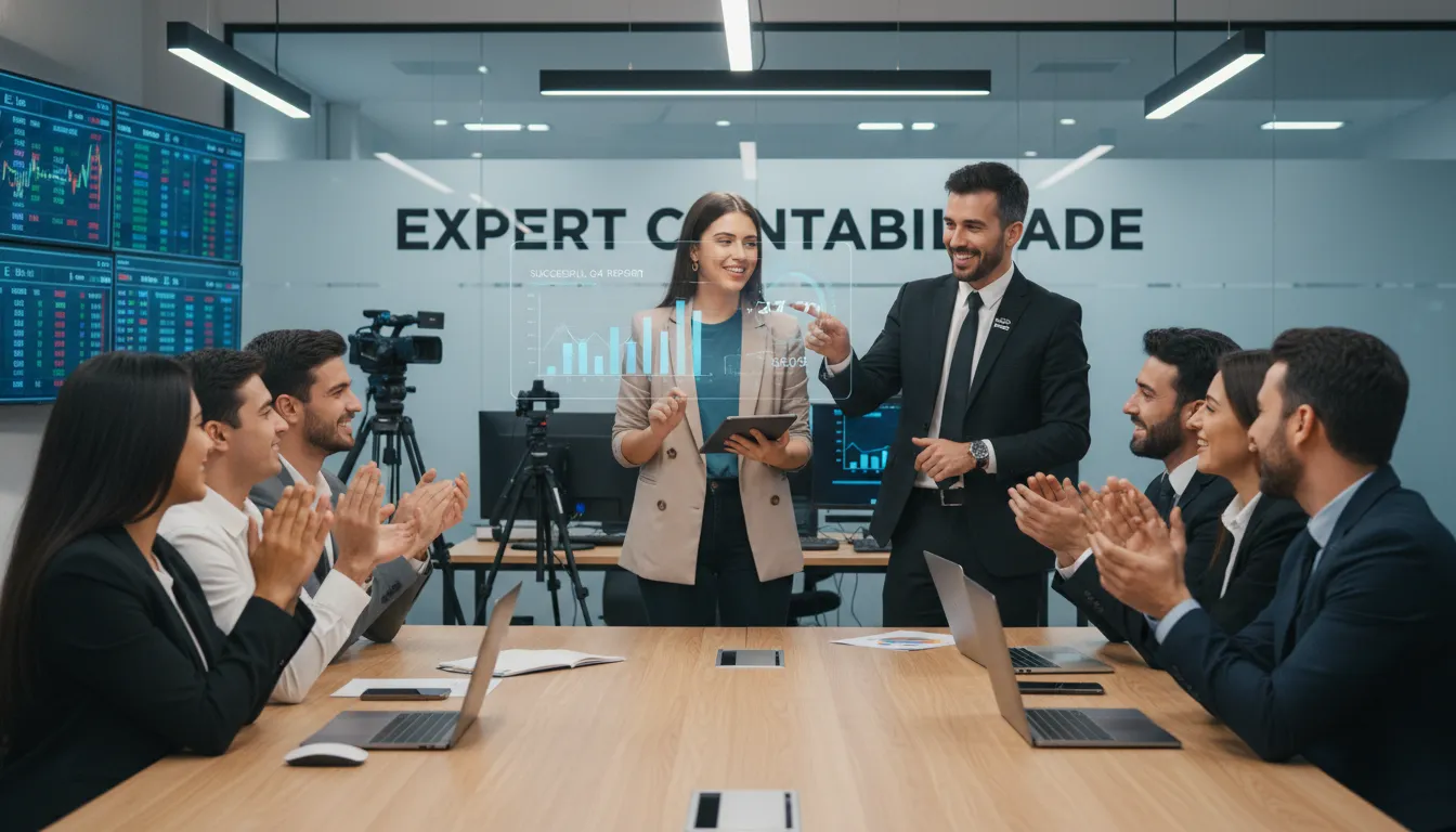 Youtuber apresenta relatório financeiro de sucesso com o apoio da Prezzo Contábil, em um espaço de co-working moderno. Imagem para Contabilidade Especializada em Youtubers.