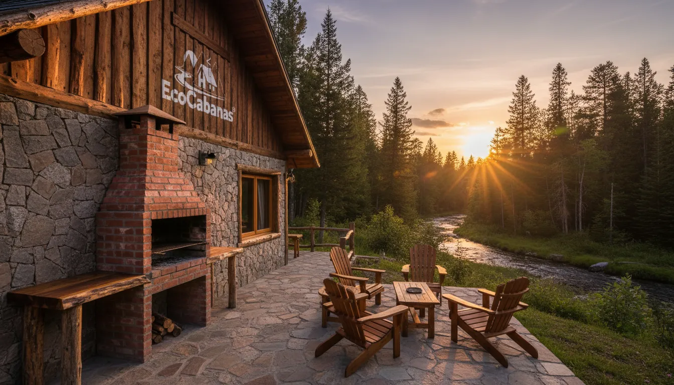 Vista externa da Eco Cabanas ao pôr do sol, com churrasqueira de tijolo integrada e vista para a floresta.