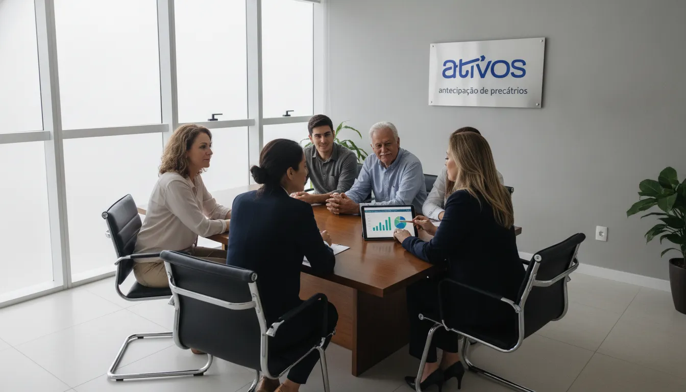 Grupo diverso consultando antecipação de precatório INSS com profissional, em escritório moderno. Segurança financeira.