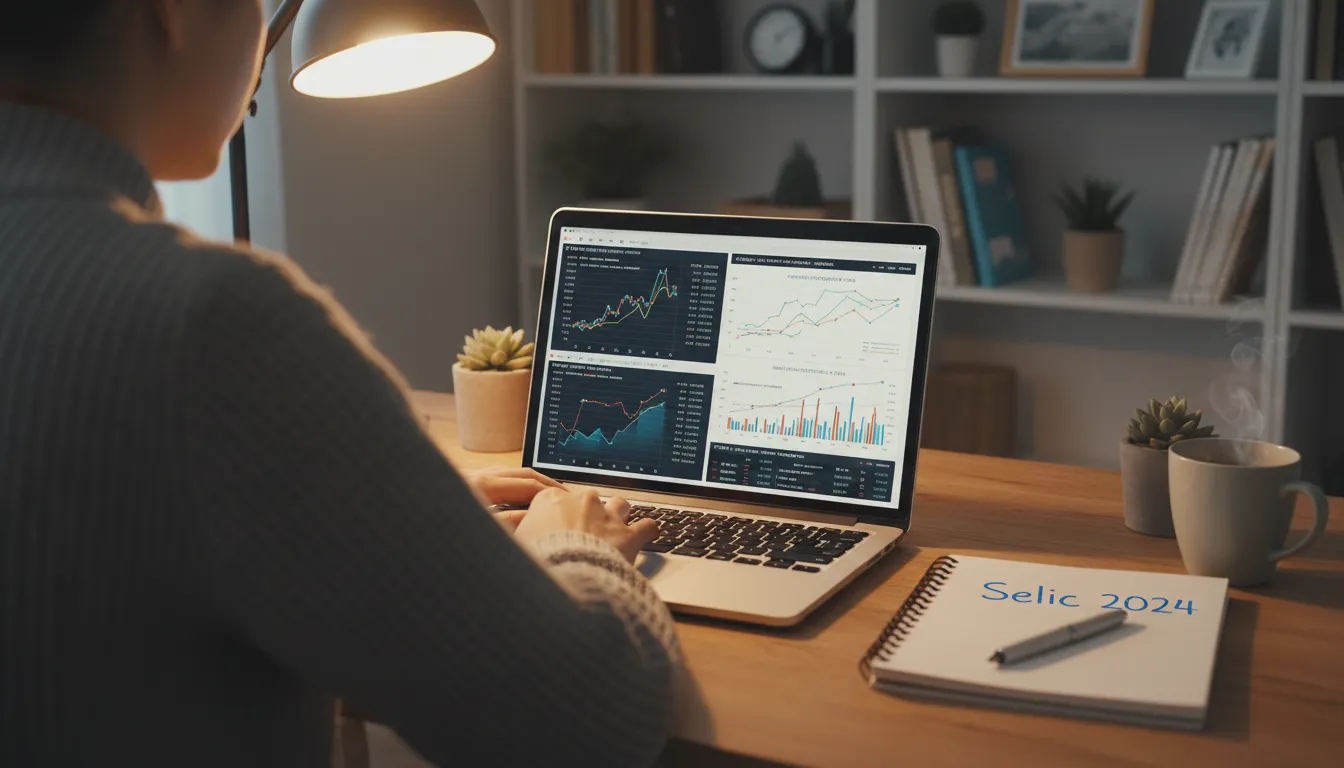 Pessoa pesquisando opções de investimento em um laptop, analisando gráficos da taxa selic hoje em um escritório aconchegante.