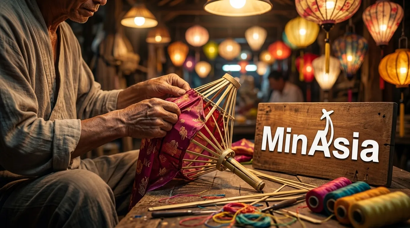 Artesao trabalhando em lanterna tradicional de seda em oficina de Hoi An.