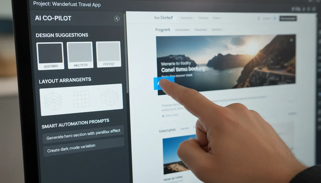 Como Integrar IA no Fluxo de Trabalho de Web Design 1 Tela com ferramenta de IA sugerindo layouts no Figma, evidenciando automação no design.