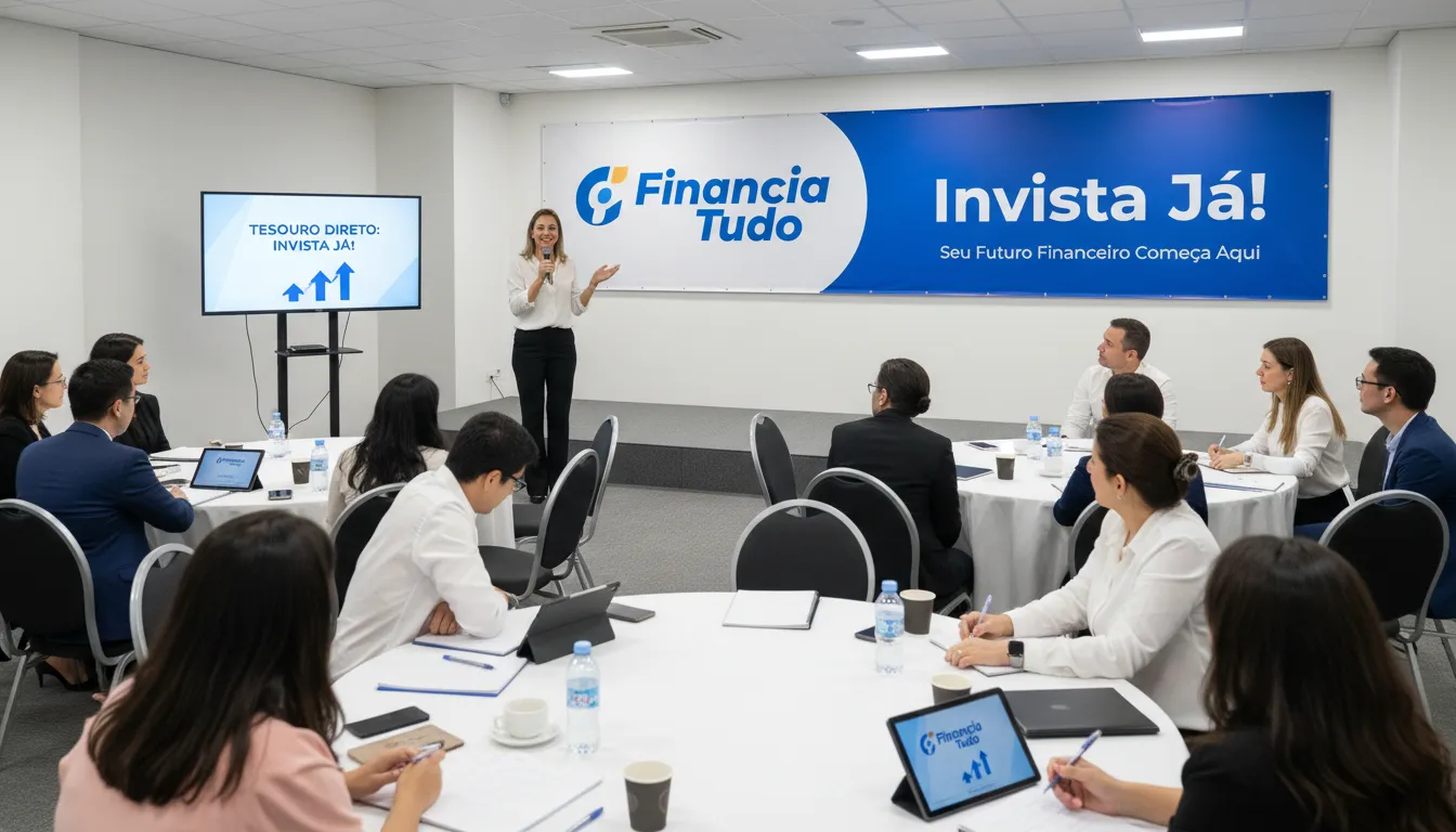 Pessoas em um seminário financeiro sobre Tesouro Direto, com o logo da Financia Tudo ao fundo, representando a educação e o acesso a investimentos.