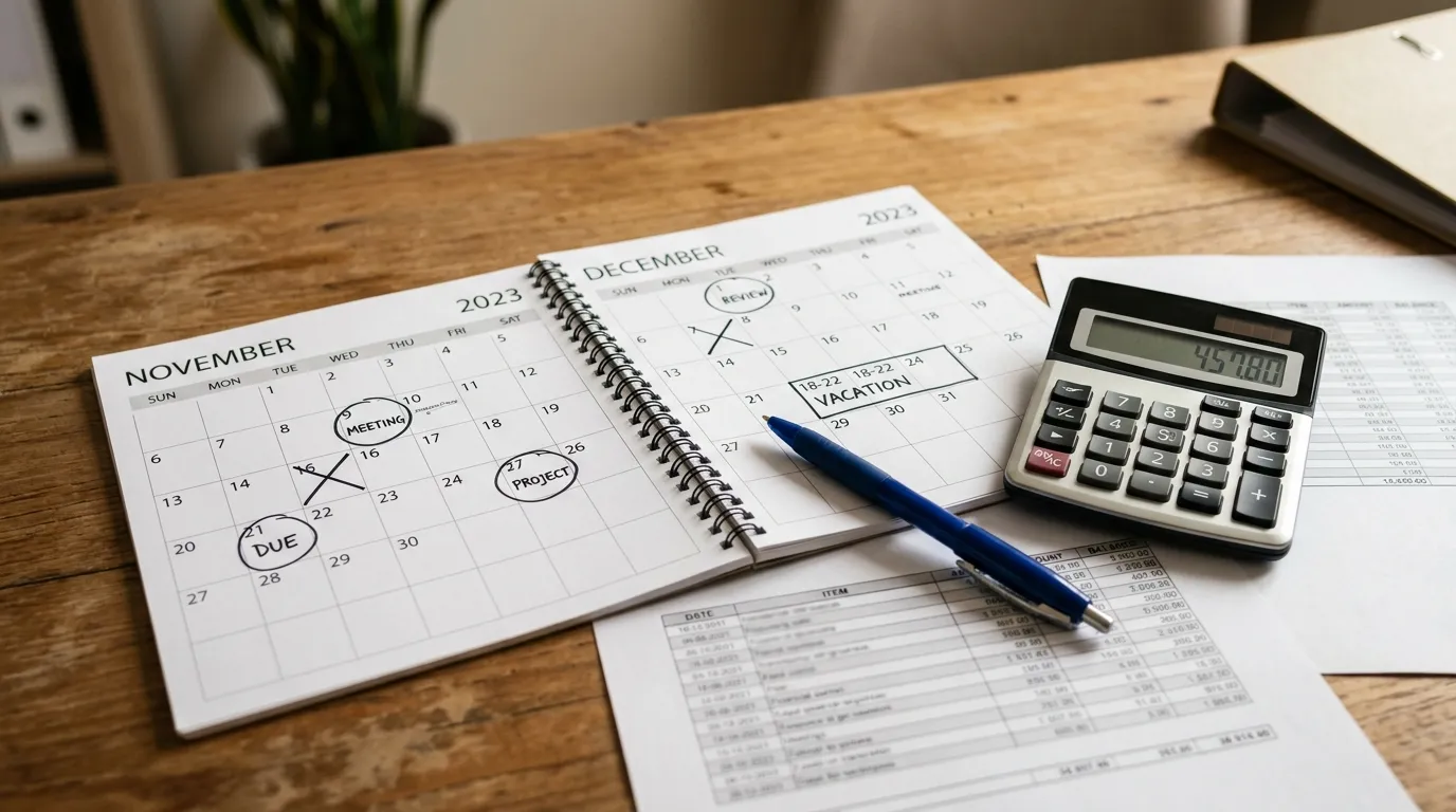 Calendário de mesa marcando décimo terceiro salário prazo com calculadora e documentos.