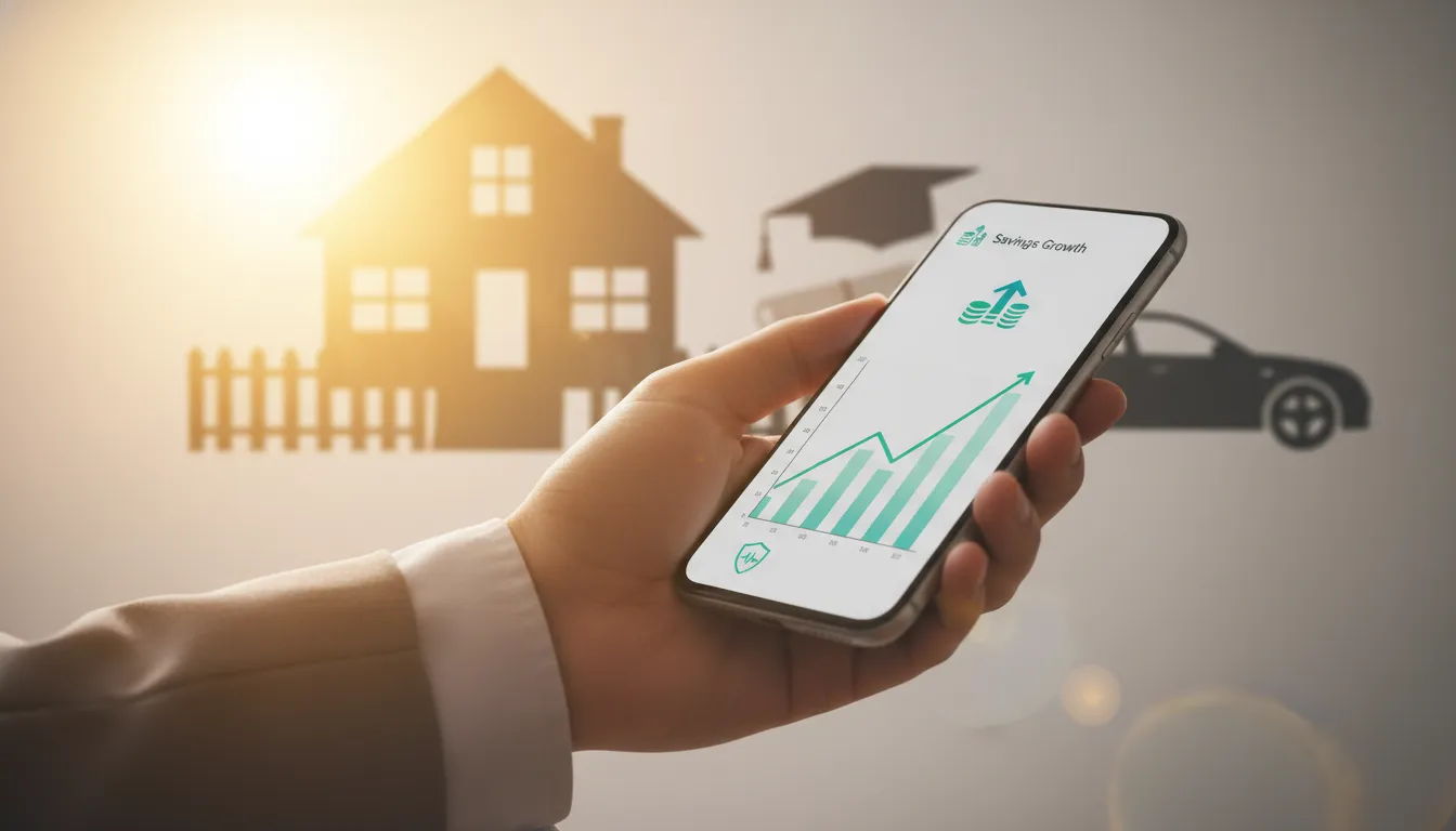 Mão segura smartphone com app financeiro, mostrando crescimento de poupança e planejamento financeiro crédito.