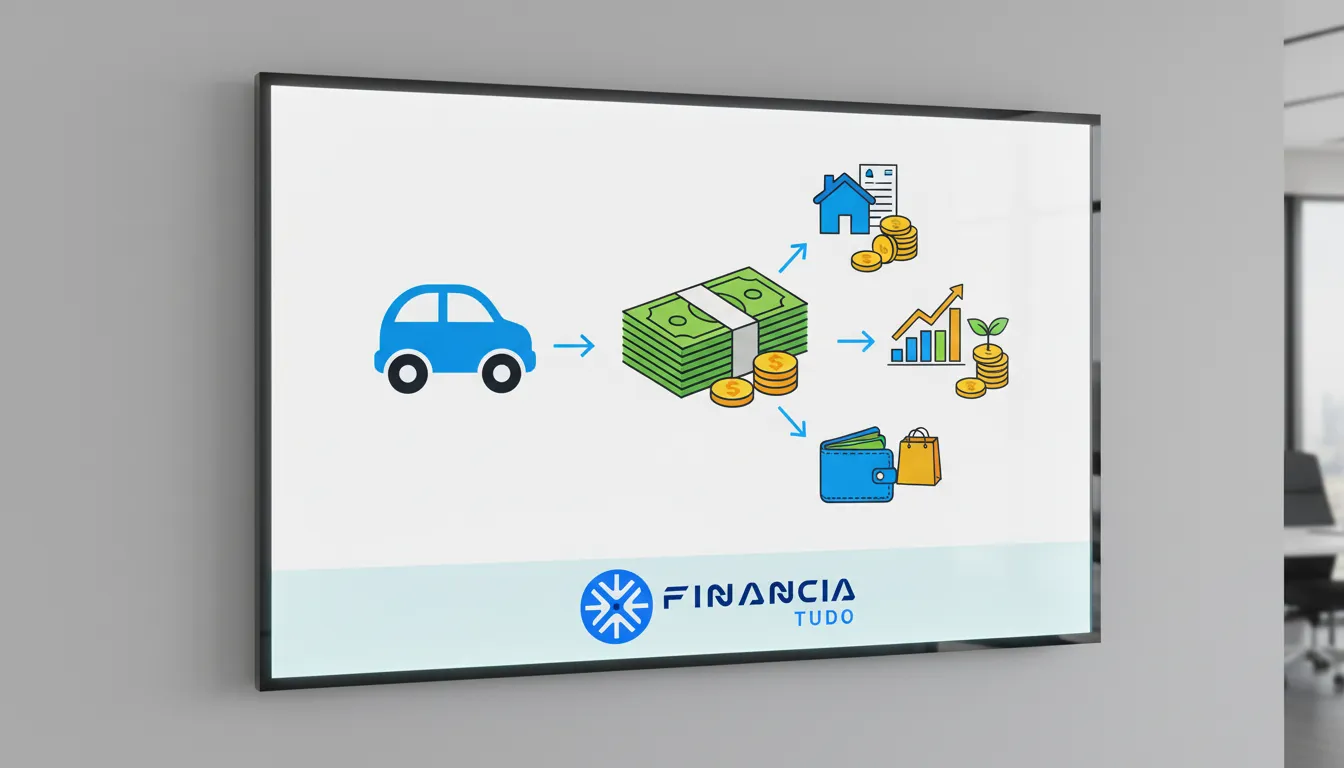 Infográfico mostrando o refinanciamento de carro como forma de conseguir um empréstimo com carro alienado para diferentes objetivos.