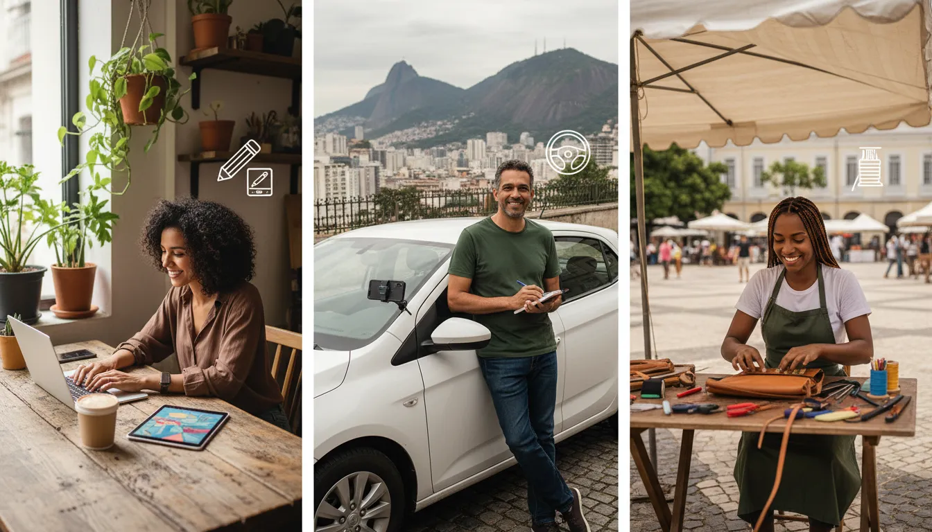 Diversos autônomos brasileiros trabalhando em diferentes áreas, expressando autonomia e confiança financeira.