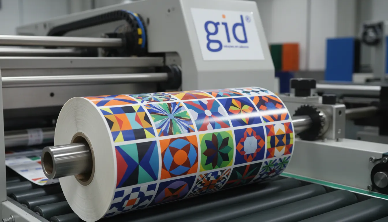 Rollo de etiquetas de papel estucado con diversos diseños en una línea de producción, destacando la versatilidad del material.