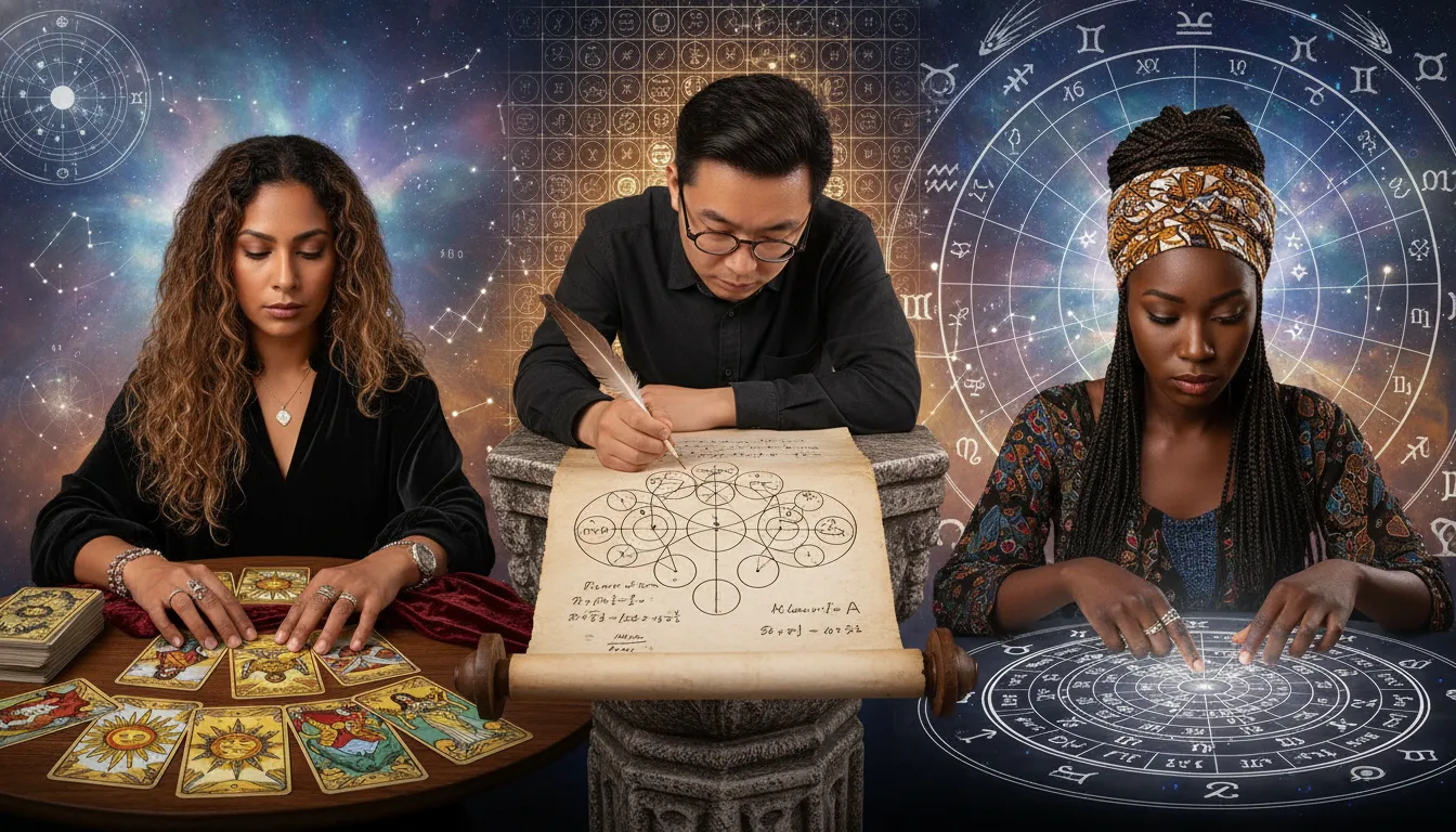 Especialistas em tarot, numerologia e astrologia demonstrando suas habilidades únicas em um ambiente de consulta mística e profissional.