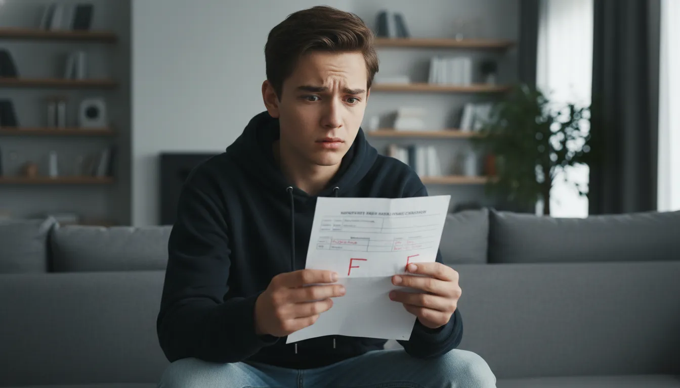Adolescente ansioso com boletim, evidenciando medo de errar e pressão por desempenho acadêmico.