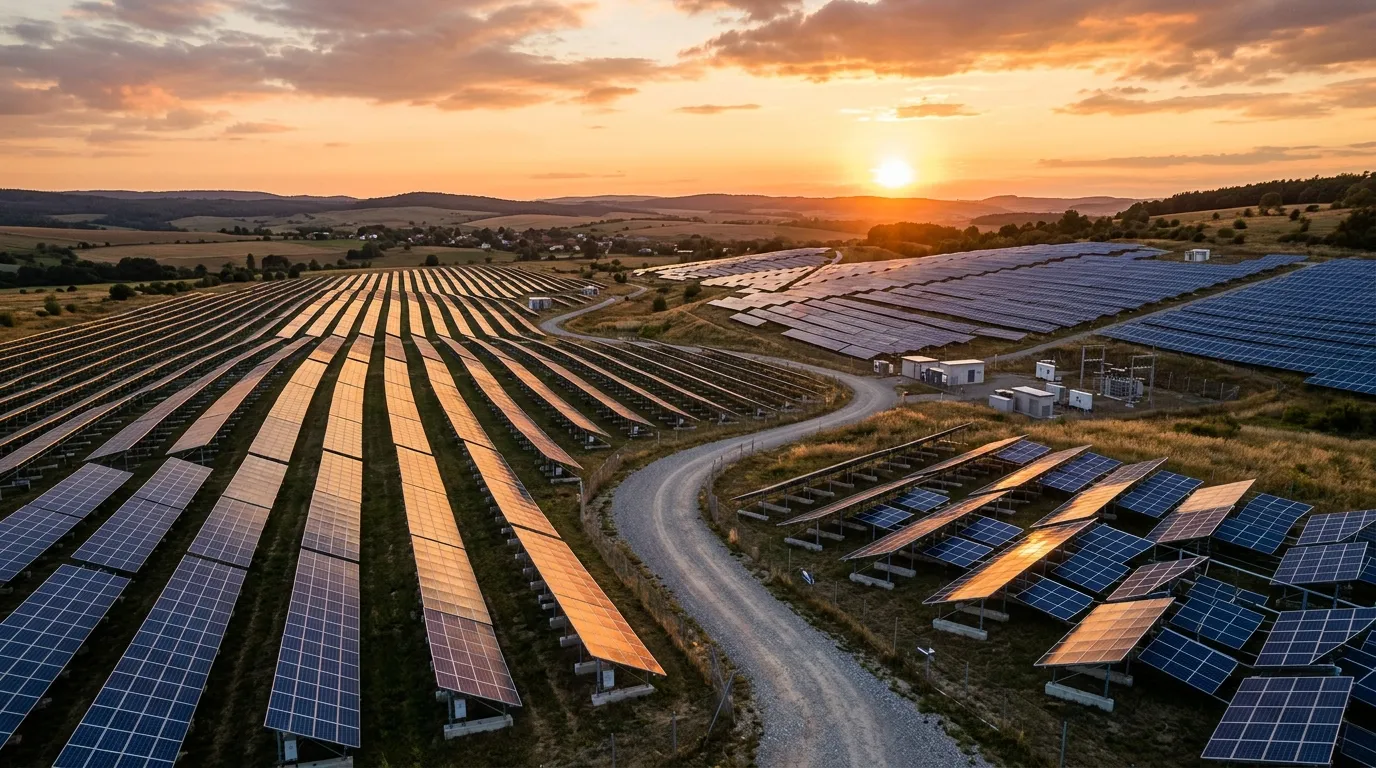 Parque solar gerando energia solar por assinatura para empresas de diversos setores durante o por do sol