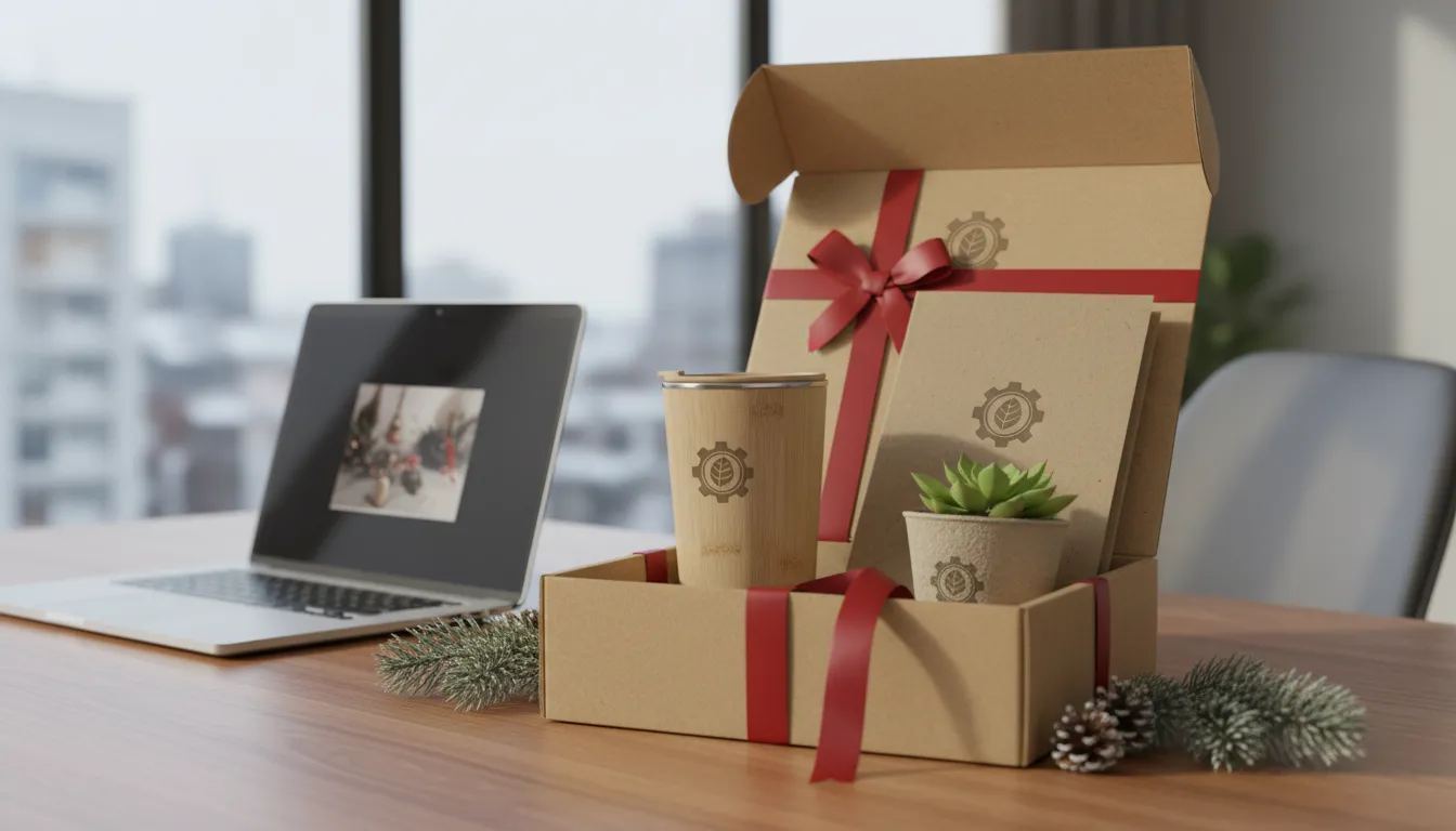 Kit de brindes natalinos ecológicos: caneca de bambu, bloco reciclado e planta em caixa elegante, ambiente corporativo.