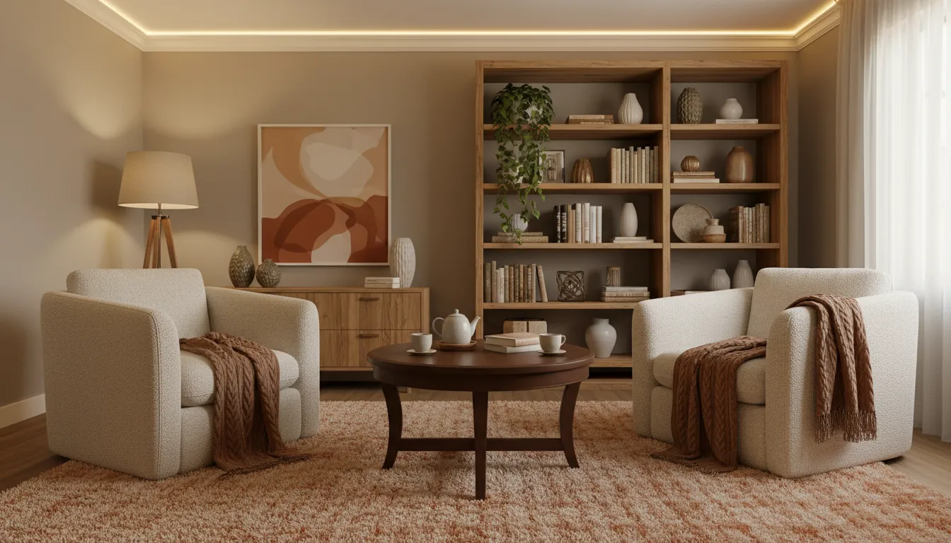 Consultório de psicologia acolhedor com poltronas e iluminação suave