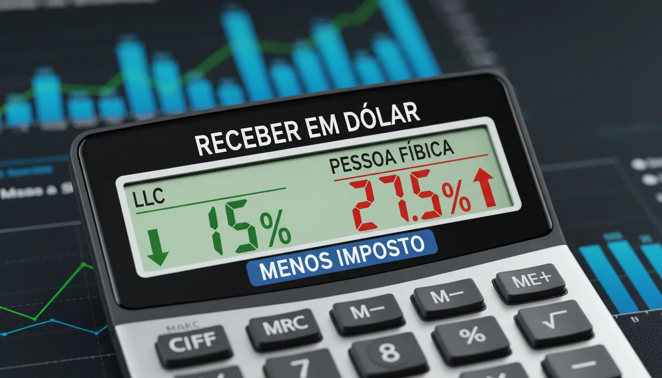Calculadora mostrando menor imposto para LLC ao receber em dolar, um benefício chave para empresas com planejamento tributário.