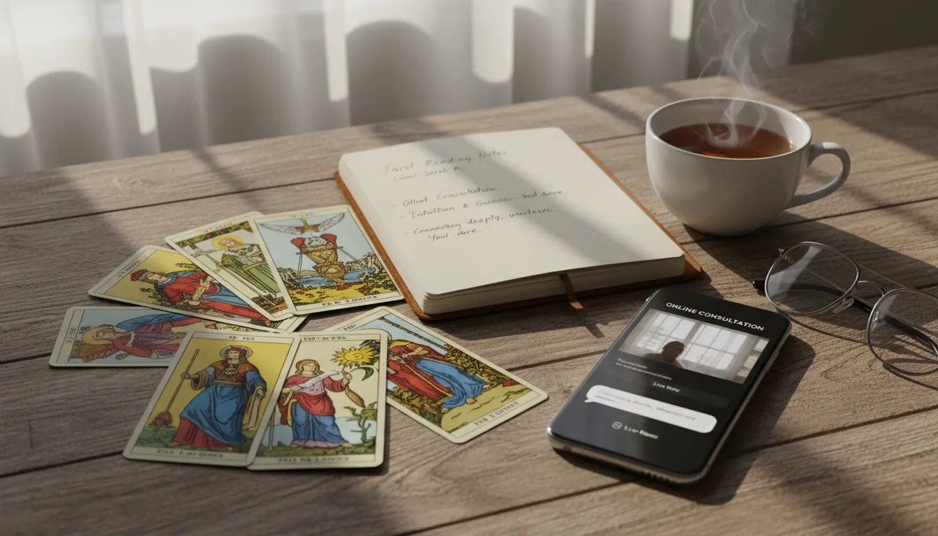 Cartas de tarot, bloco de notas e smartphone em mesa iluminada, mostrando o acesso fácil e reflexivo ao tarot online.
