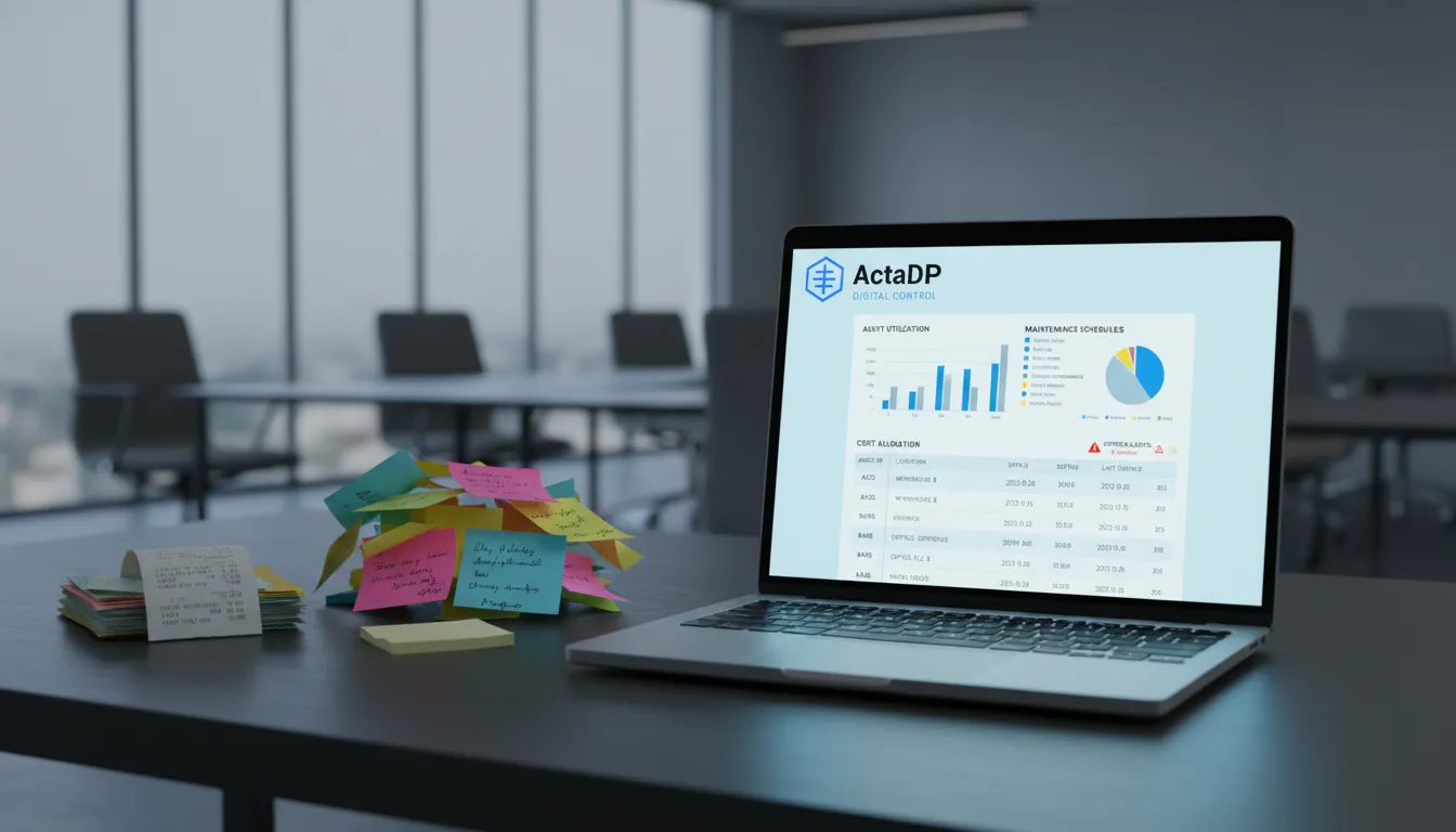 Documentos bagunçados e tela de laptop com dashboard organizado de controle de ativos digitais.