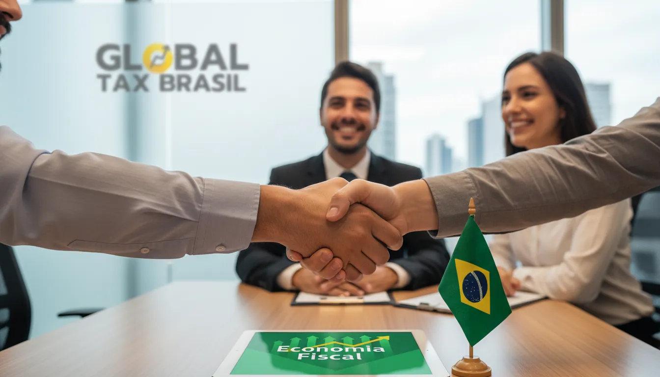Mãos se cumprimentando após consultoria fiscal bem-sucedida para brasileiros no exterior, otimizando a carga tributária com a Receita Federal.