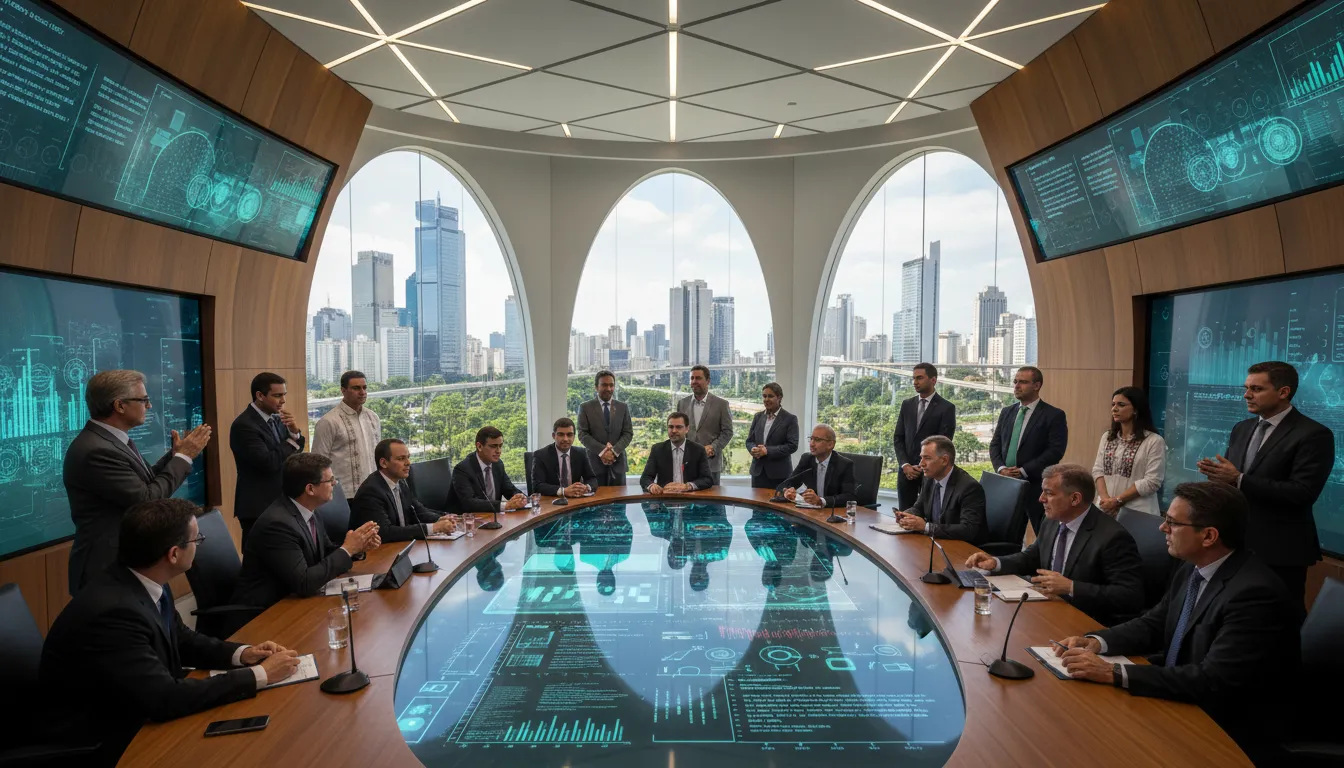 Políticos e executivos debatem a Regulação das Big Techs em uma câmara parlamentar brasileira futurista.