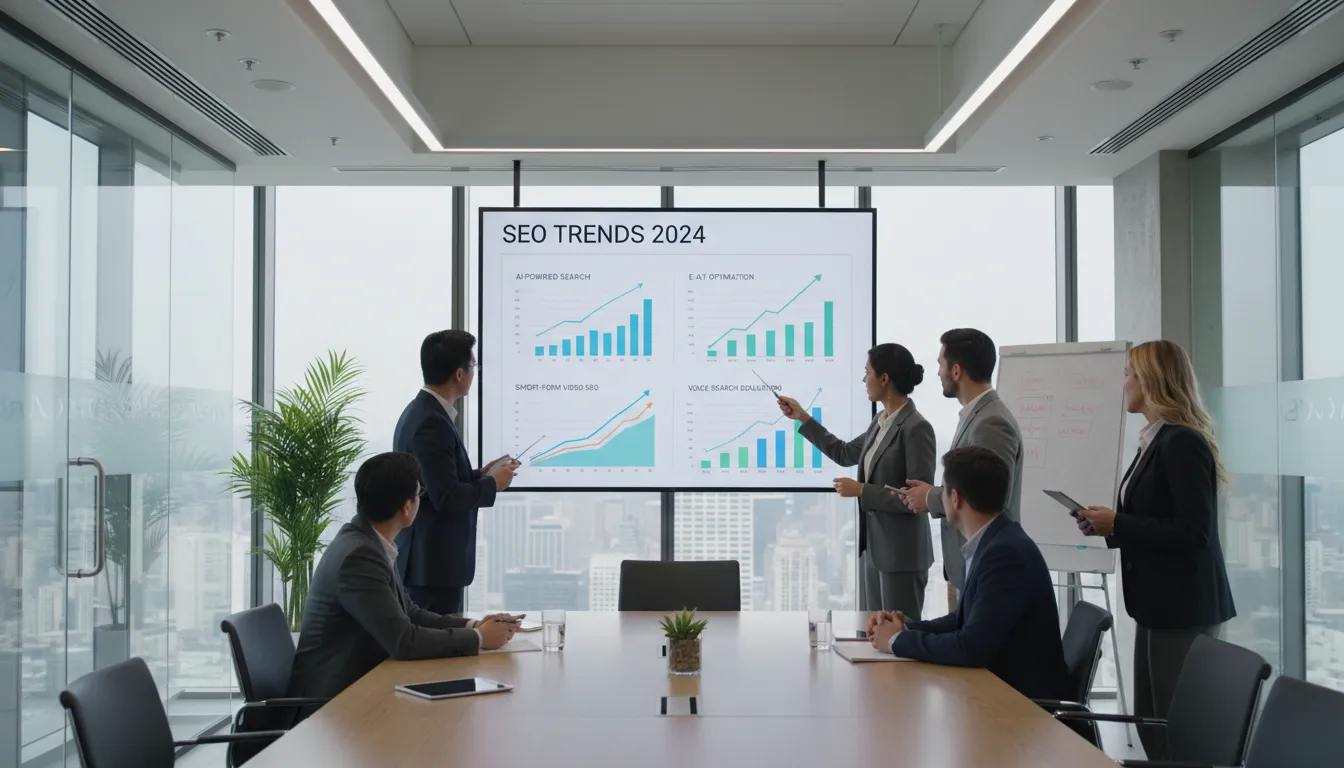 Equipe discutindo estratégias de SEO e tendências futuras em reunião corporativa