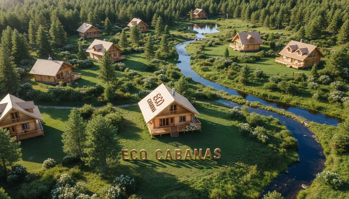 Visão aérea de diversas edículas de madeira integradas à natureza, oferecendo uma experiência de refúgio sustentável.