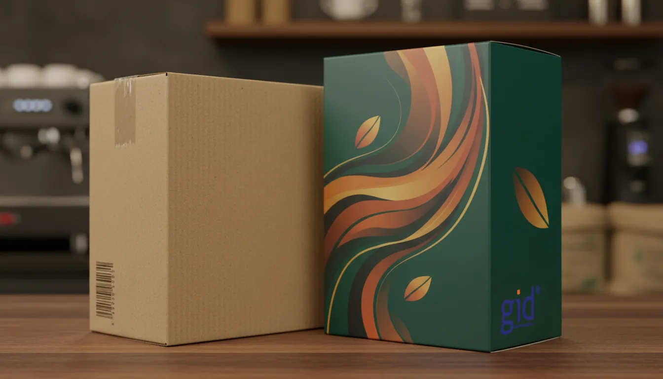 Comparativo detalhado entre uma embalagem padrão marrom e uma embalagem personalizada de café gourmet, com a marca da GID.