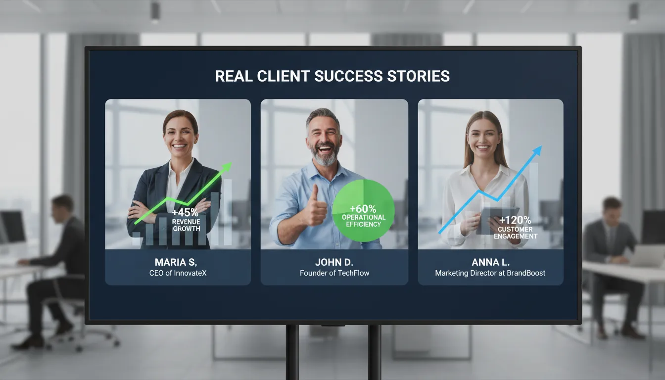 Site para Coach/Consultor em 2026: Autoridade e Vendas 2 Clientes felizes em seção de depoimentos fotorrealista, com gráficos de resultados positivos em ambiente corporativo.