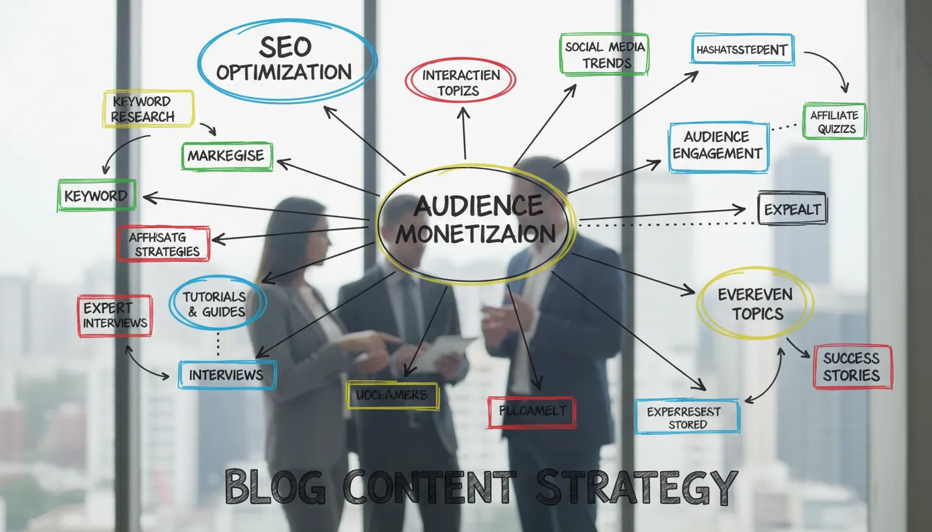 Como Planejar o Calendário Editorial do Blog do Seu Site para 2026 2 Esquema visual de temas-pilar sendo discutido em brainstorm de equipe