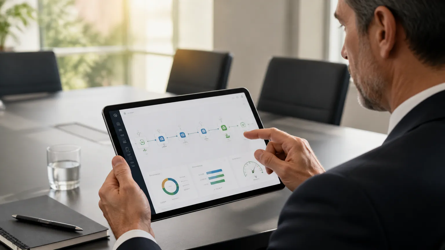 Gestor analisando aumento de velocidade em processos empresariais através de dashboard digital.