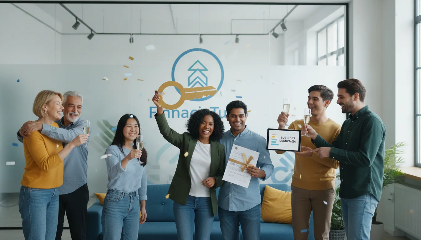 Grupo diverso comemora conquistas financeiras, mostrando o potencial de ganhar dinheiro indicando financiamento com a Financia Tudo.