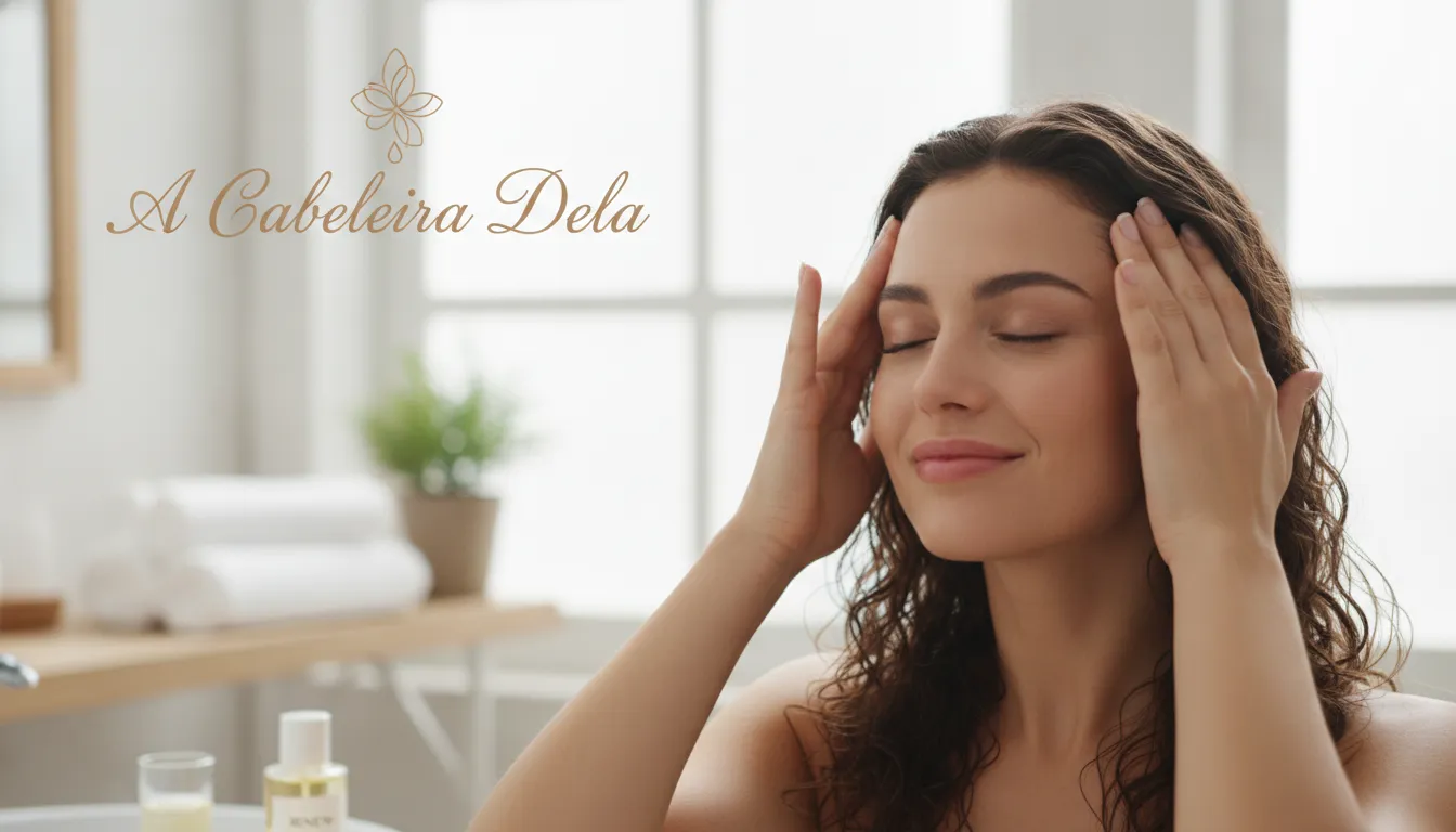 Mulher massageando delicadamente seu couro cabeludo, um gesto de cuidado para um couro cabeludo saudável e relaxamento.