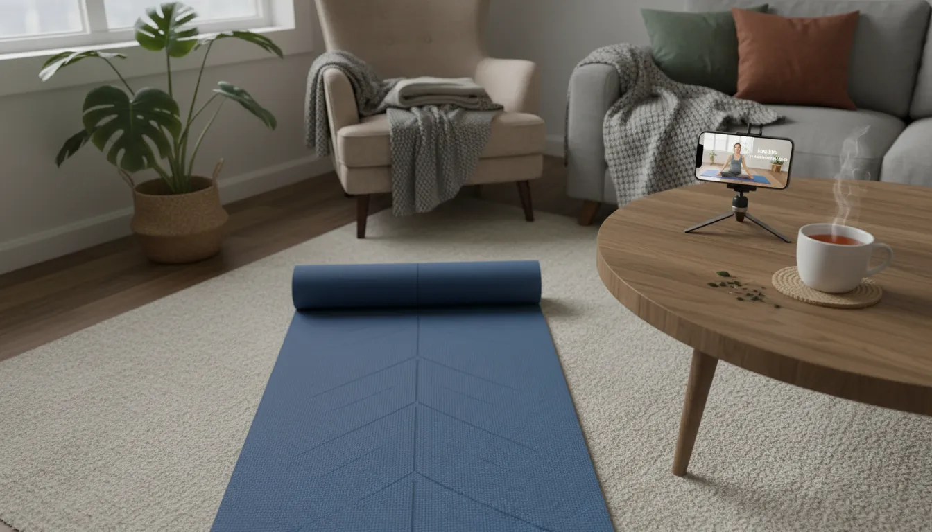 Um ambiente acolhedor com um tapete de yoga e um tutorial online exibido em um telefone, ilustrando como iniciar a prática de yoga online para iniciantes em casa.
