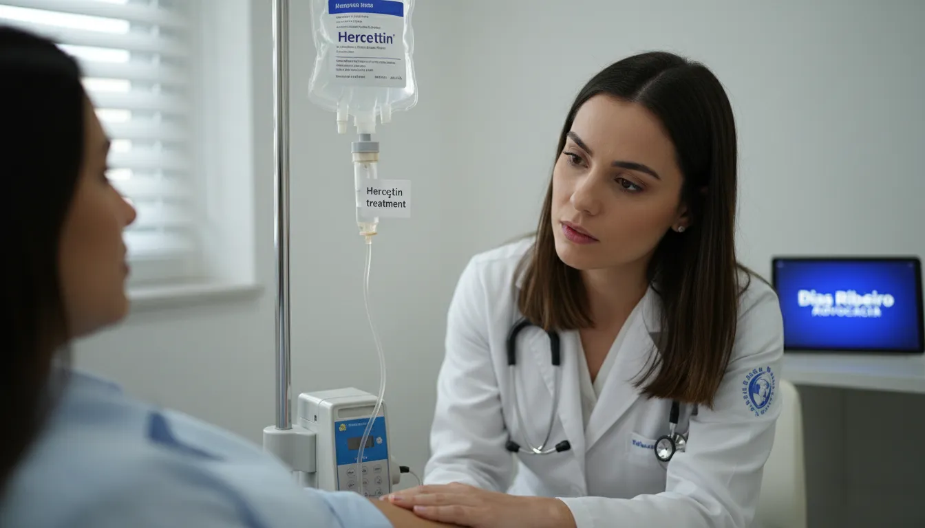 Imagem de um paciente recebendo infusão de Herceptin com um médico monitorando, representando a necessidade de cobertura pelo plano de saúde. Dias Ribeiro Advocacia em tablet ao fundo.