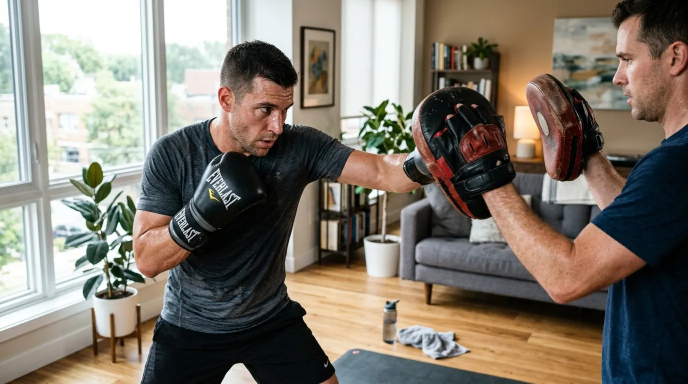 Homem exercitando corpo e mente com boxe para aliviar estresse em casa.