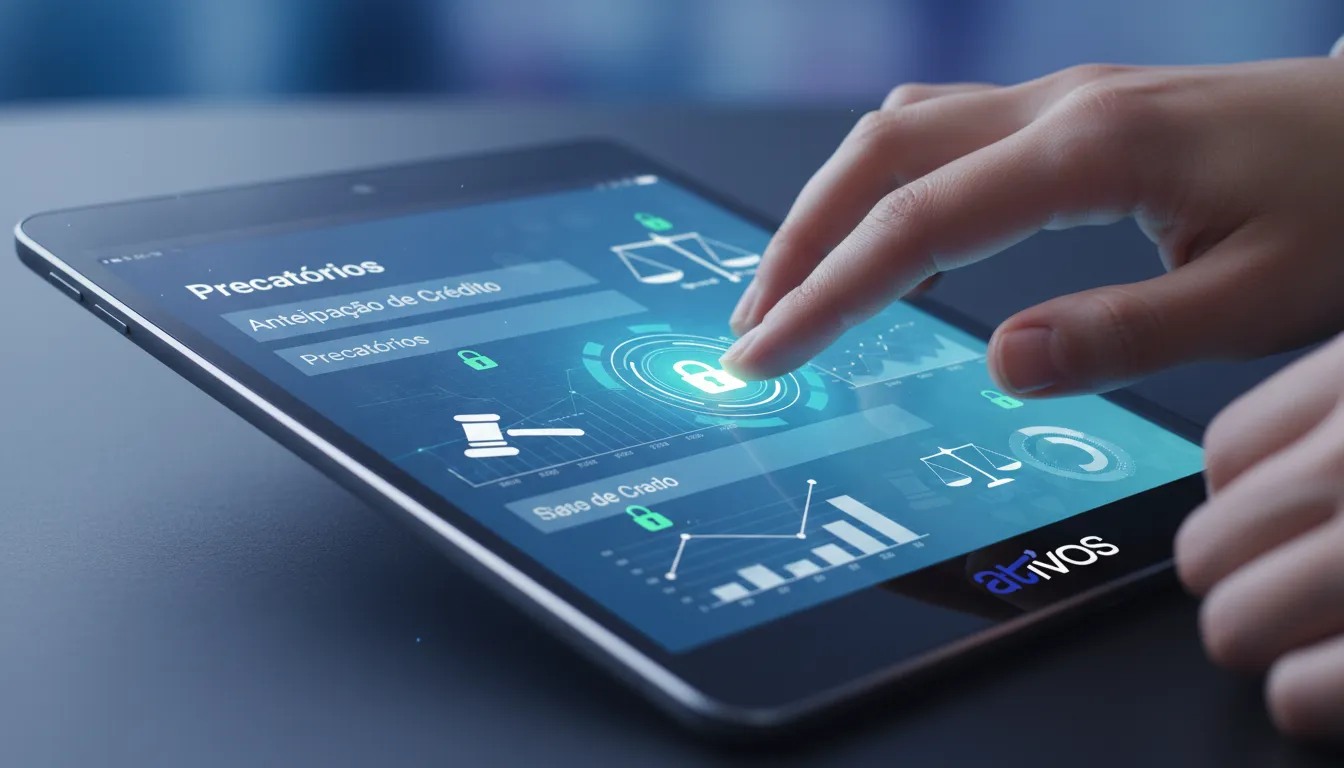 Interface tecnológica segura, simbolizando a antecipação de precatórios 2025 com segurança jurídica e tecnologia proprietária da Ativos.