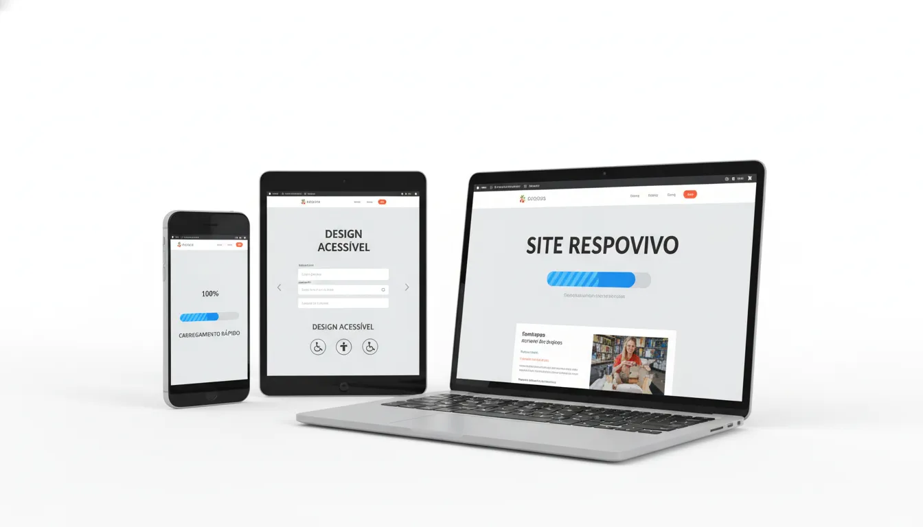 Como Fazer Site Ficar no Topo do Google em 2026 3 Site responsivo rápido em vários dispositivos, destacando acessibilidade digital