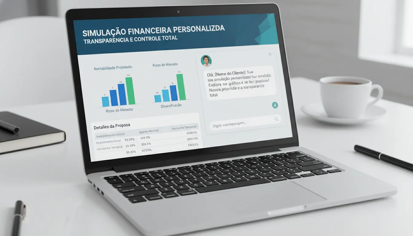 Tela de simulação online com gráficos e atendimento personalizado, destacando transparência e escolha inteligente.