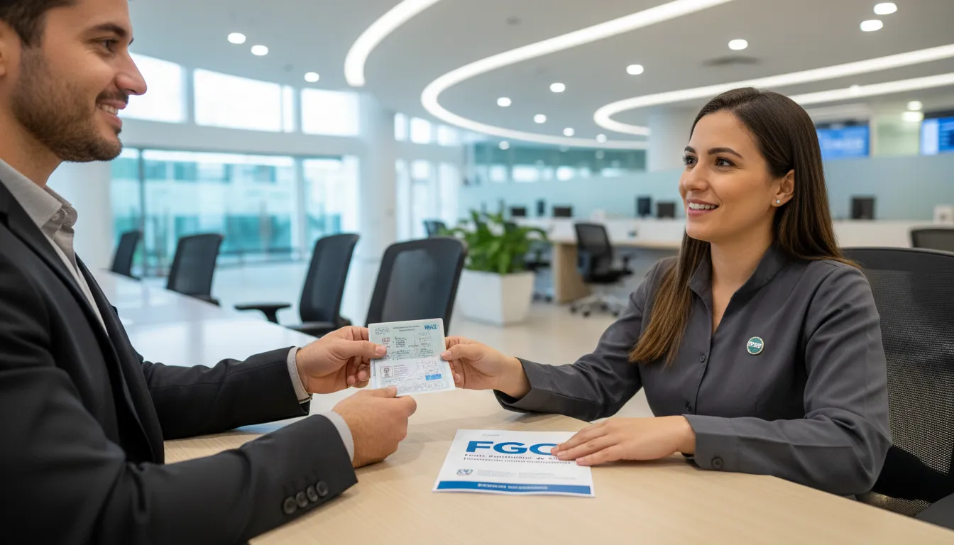 Cliente entrega documento para atendimento bancário com folheto informativo do FGC em destaque