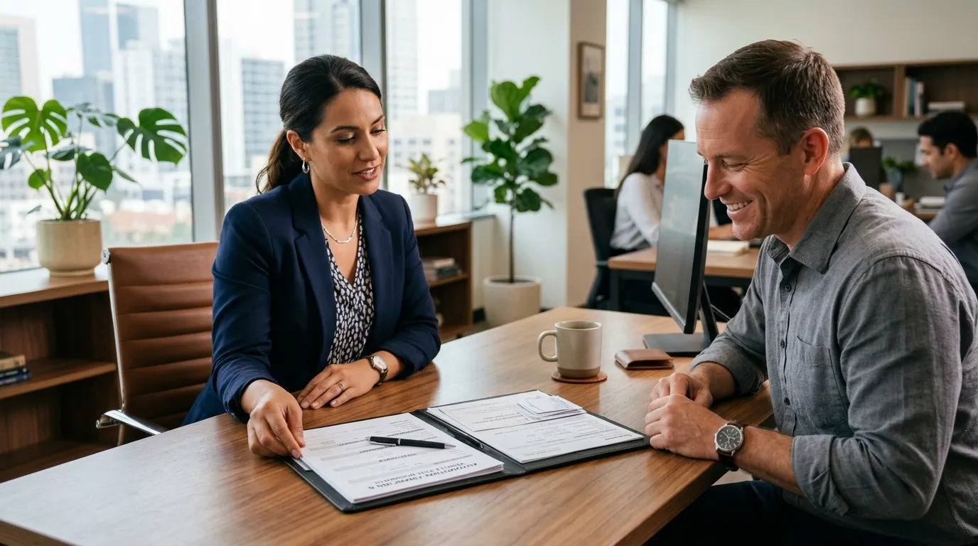 Consultoria financeira conferindo documentos para refinanciamento de carro com cliente.