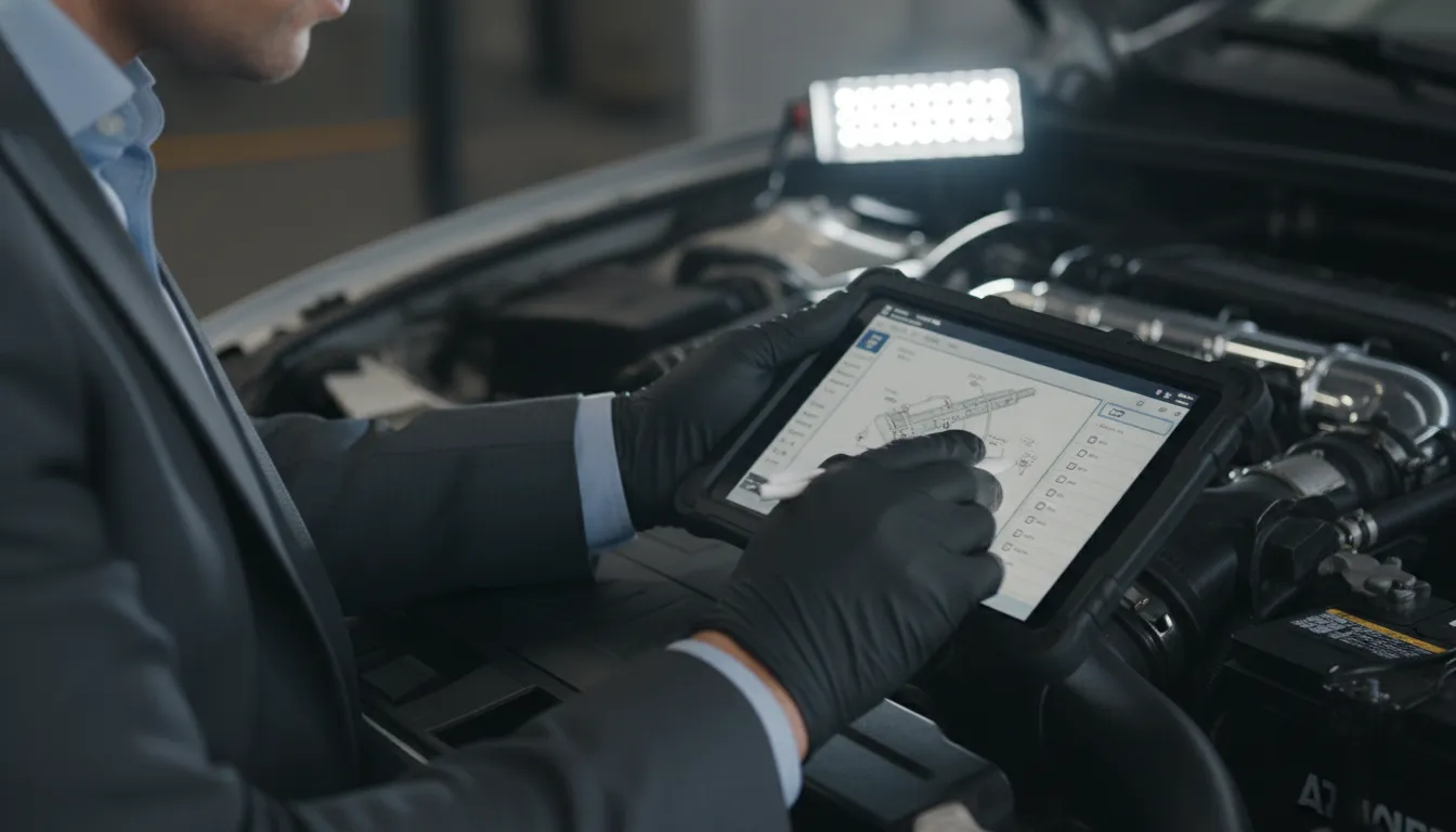 Inspetor registra dados em tablet durante vistoria cautelar, garantindo transparência veicular.